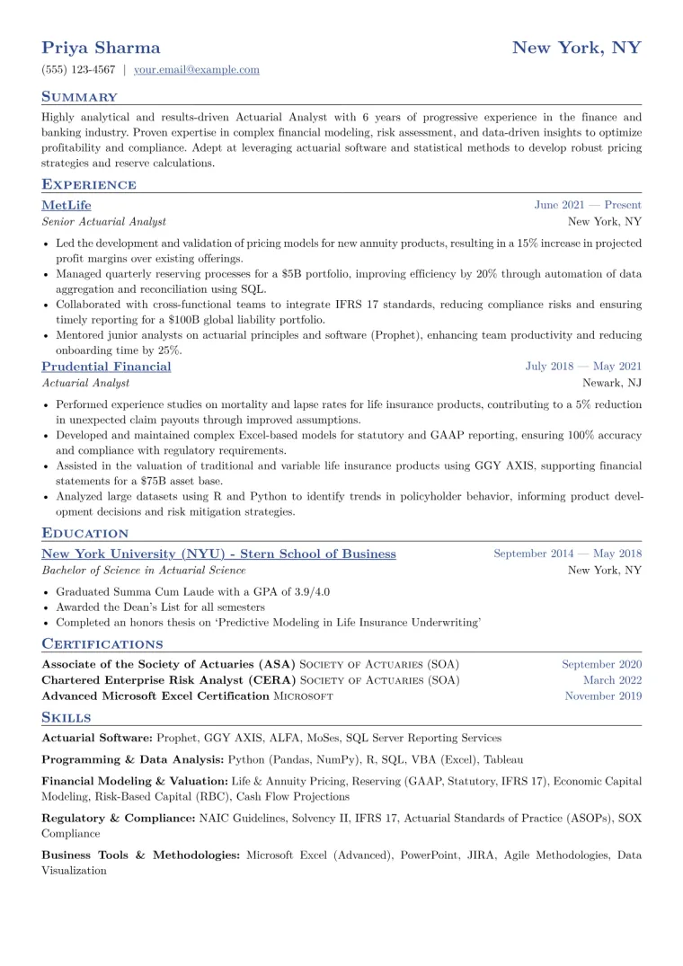 Actuarial Analyst Resume Example CV template preview