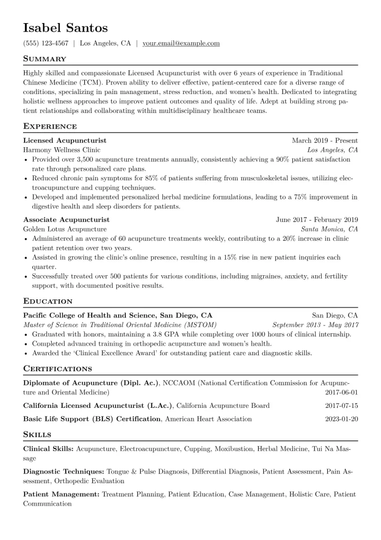 Acupuncturist Resume Example CV template preview