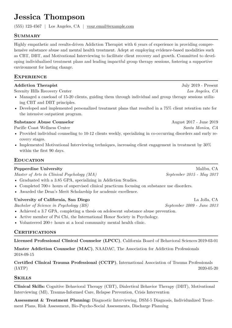 Addiction Therapist Resume Example CV template preview