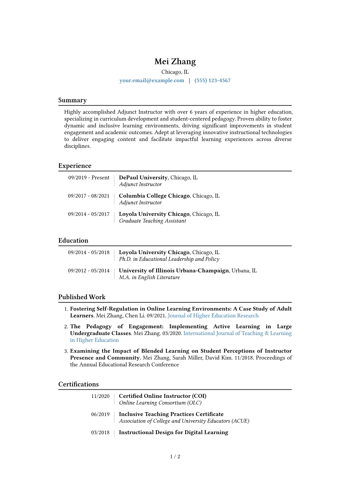 Adjunct Instructor Resume Example CV template - Page 1
