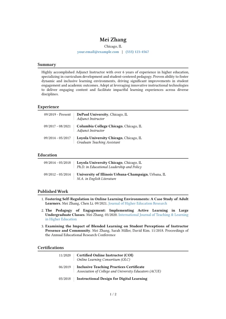 Adjunct Instructor Resume Example CV template preview