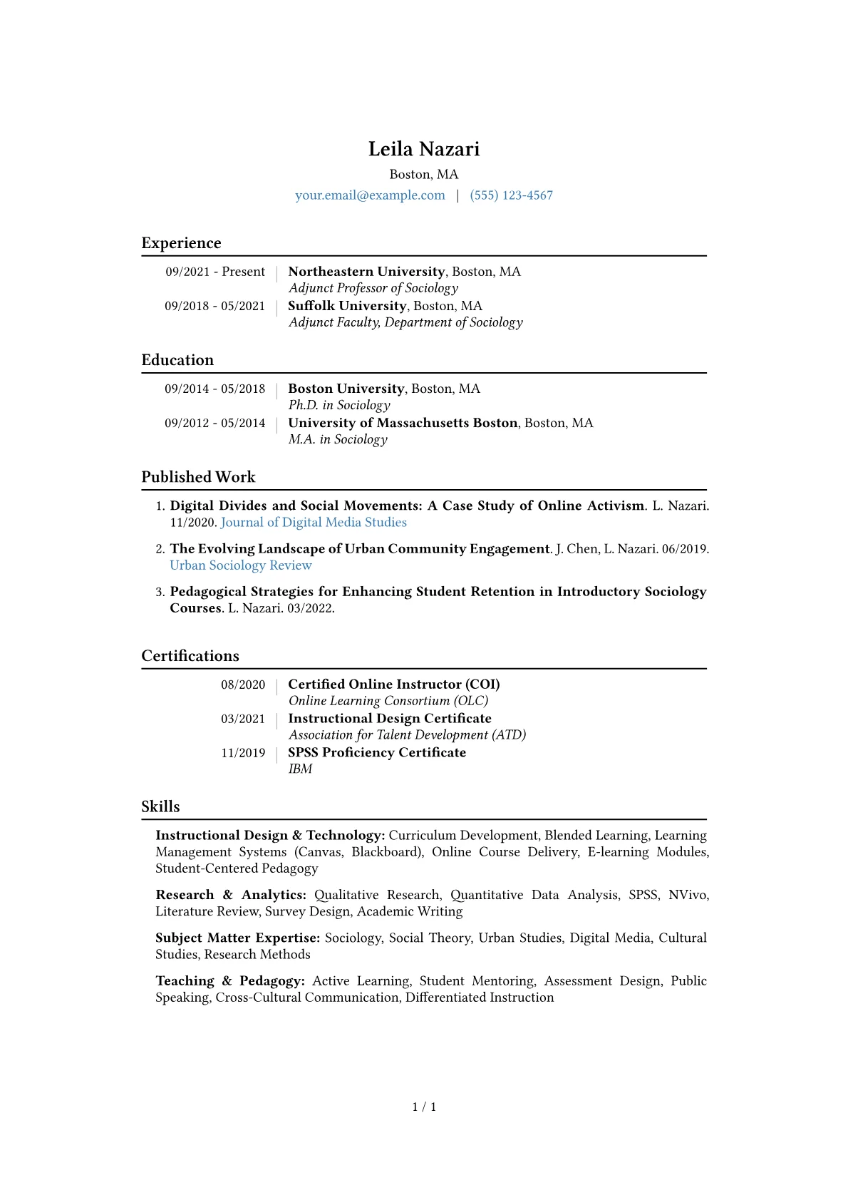 Adjunct Professor Resume Example CV template - Page 1