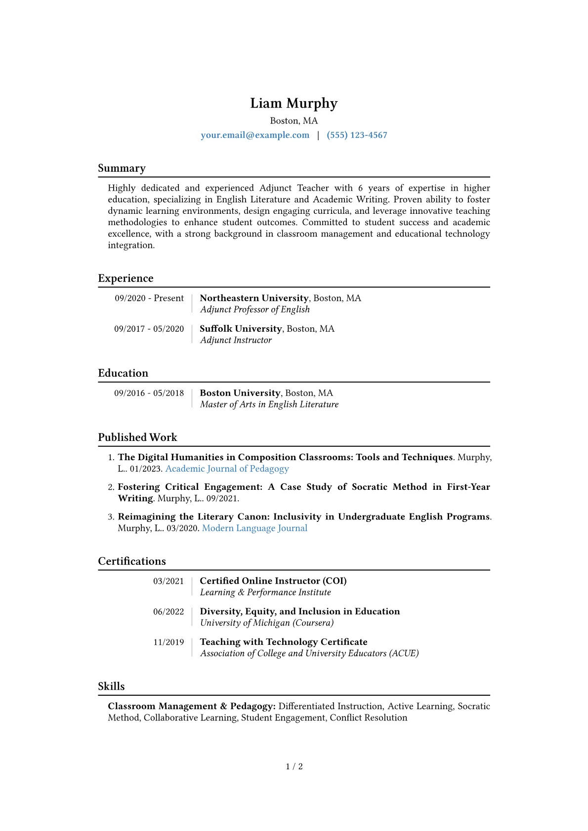 Adjunct Teacher Resume Example CV template - Page 1
