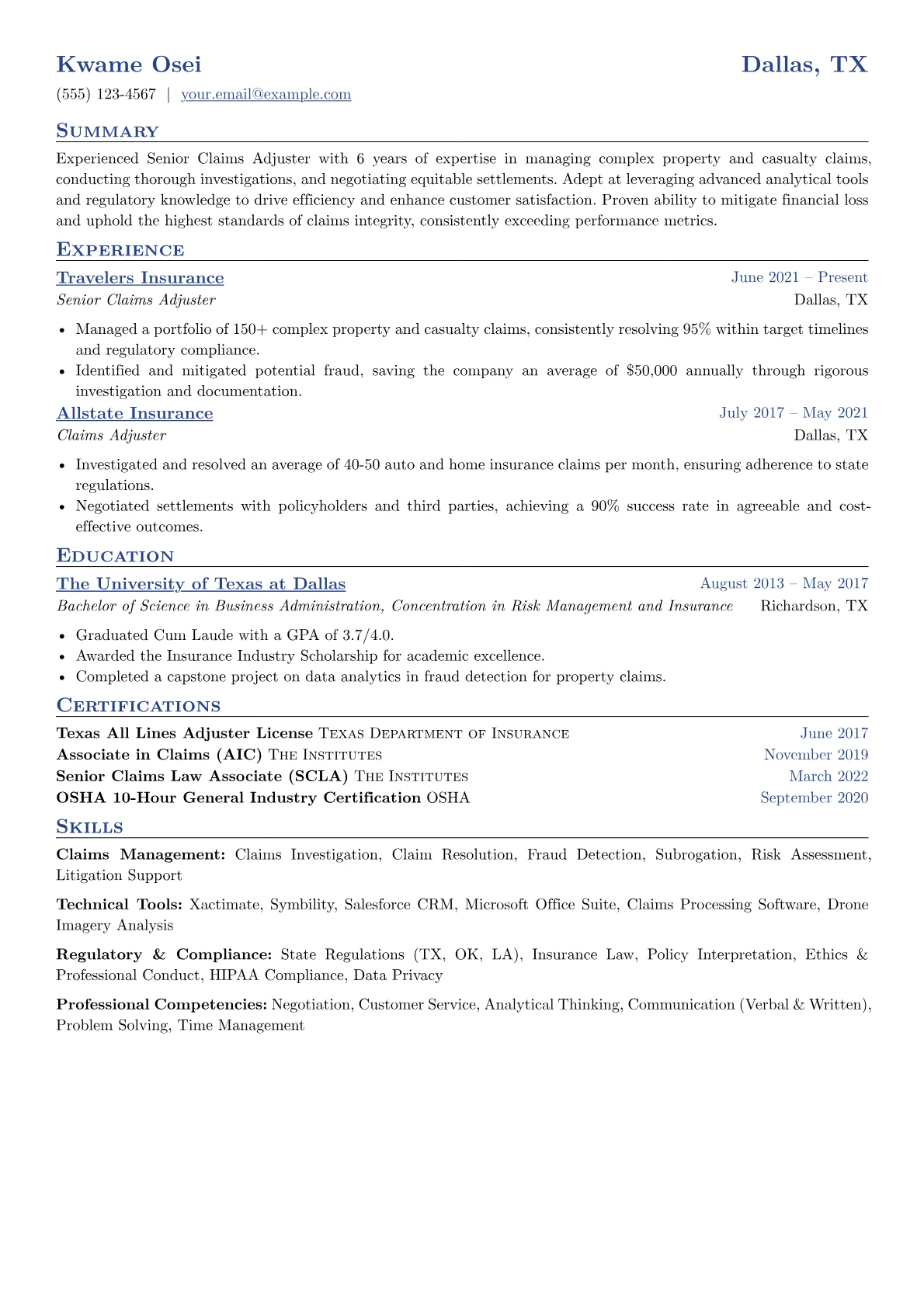 Adjuster Resume Example CV template - Page 1