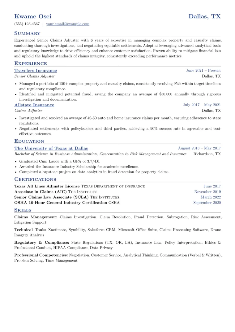 Adjuster Resume Example CV template preview