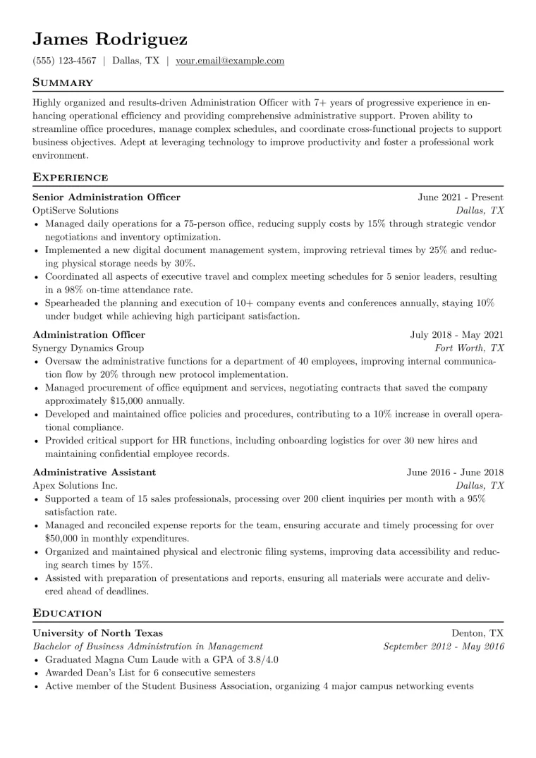 Administration Officer Resume Example