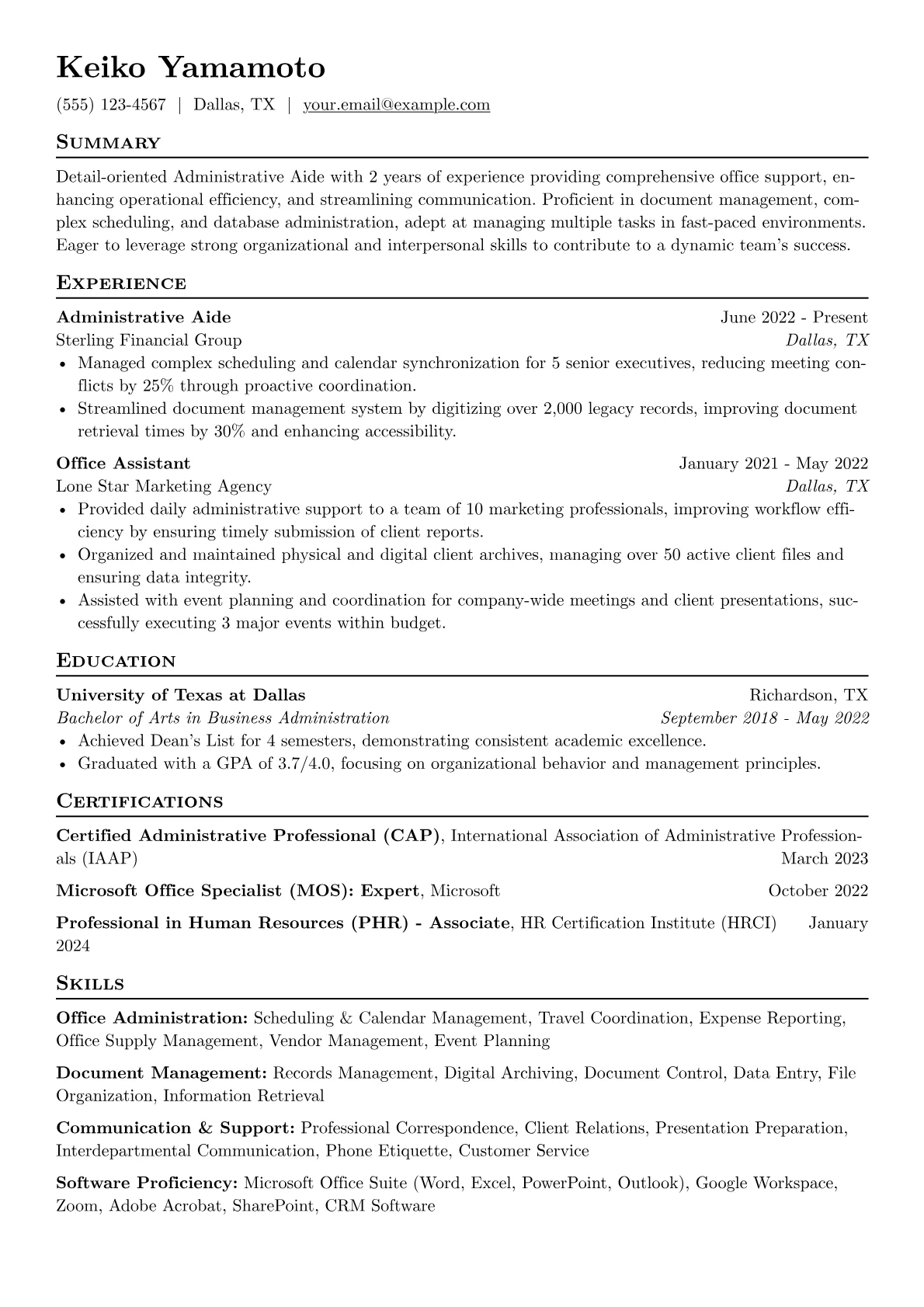 Administrative Aide Resume Example CV template - Page 1