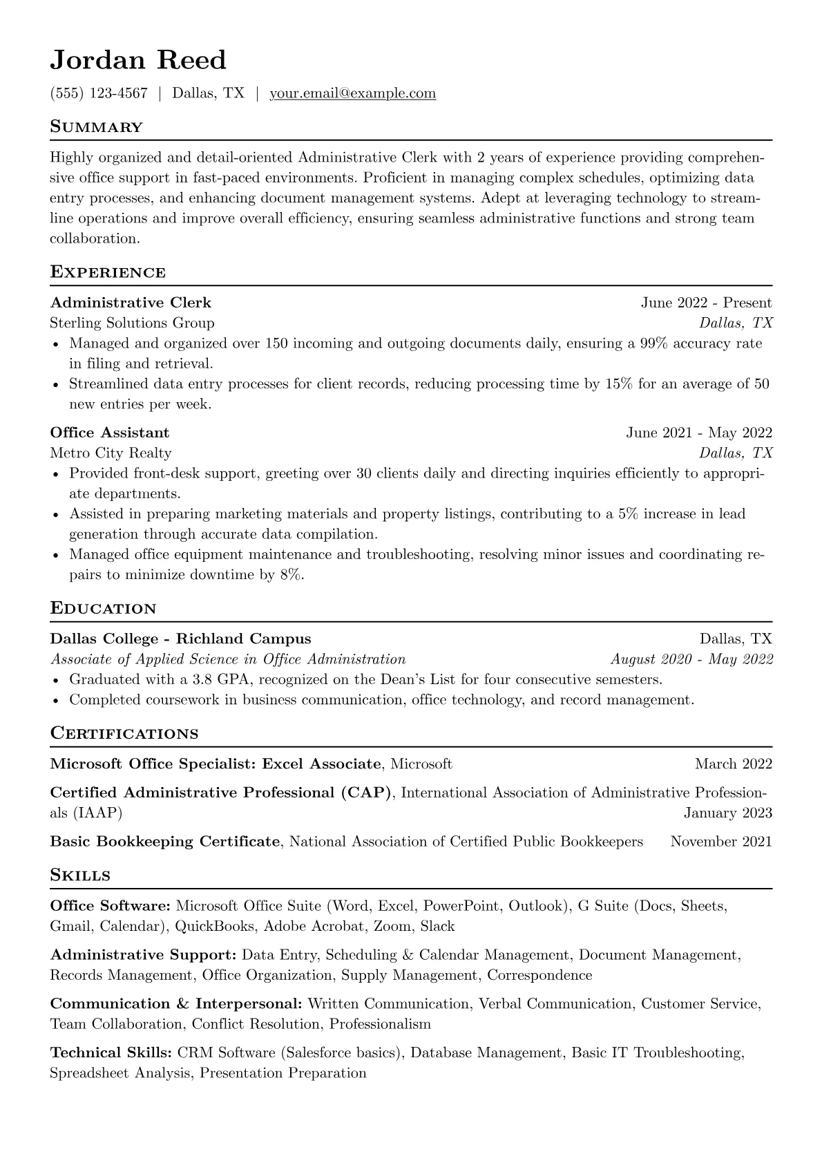 Administrative Clerk Resume Example CV template - Page 1