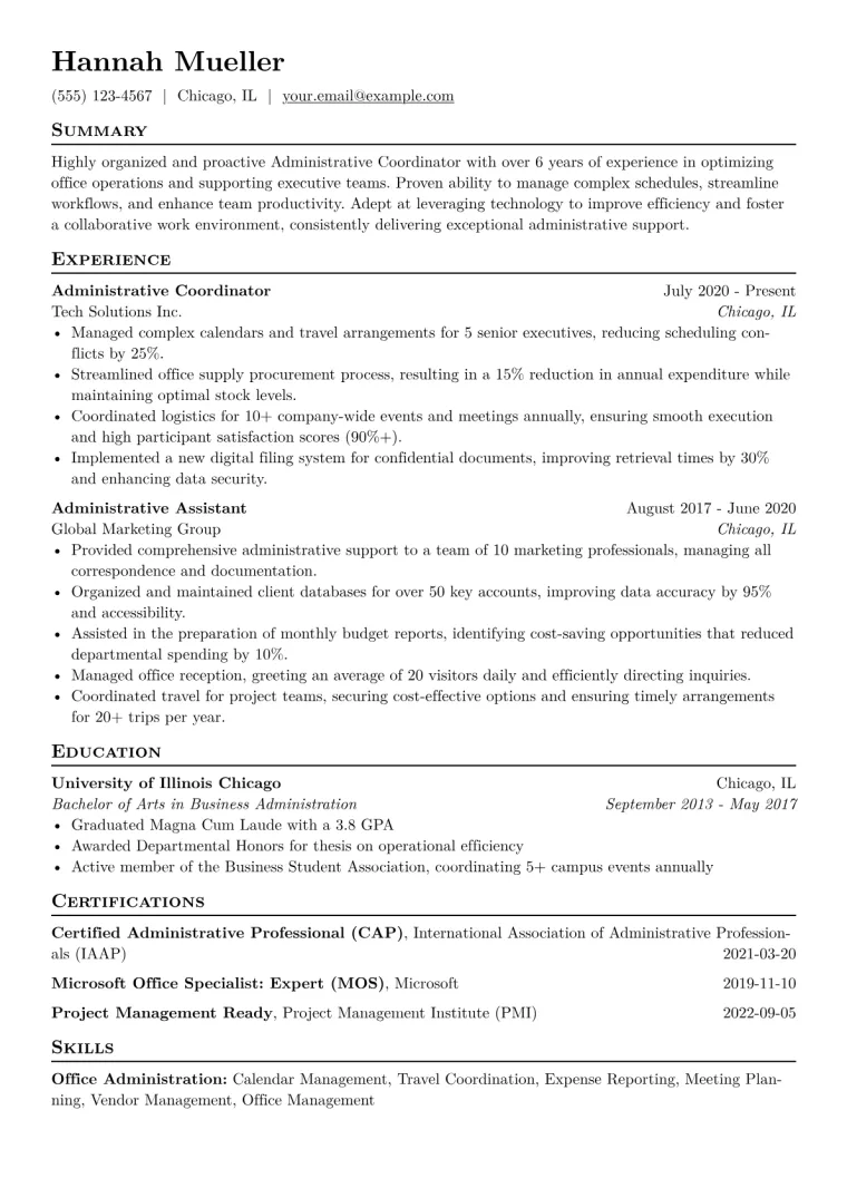 Administrative Coordinator Resume Example CV template preview