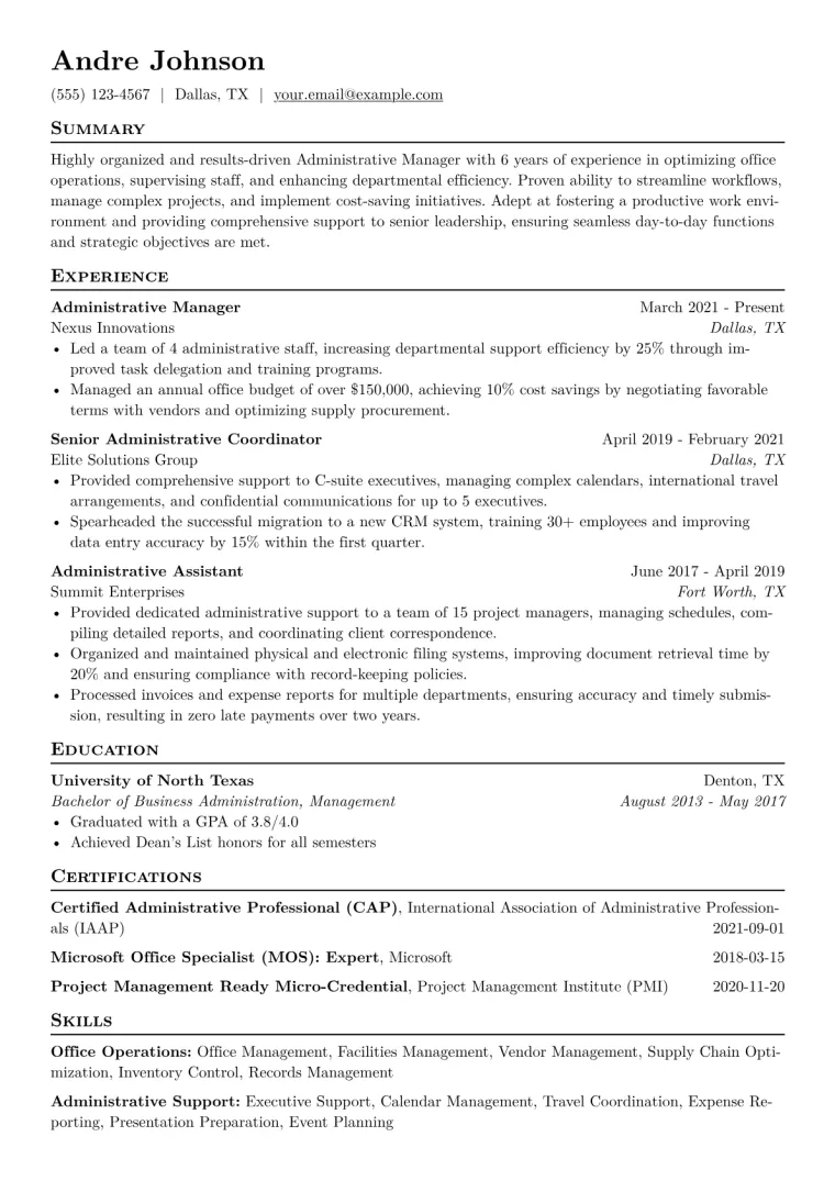 Administrative Manager Resume Example CV template preview