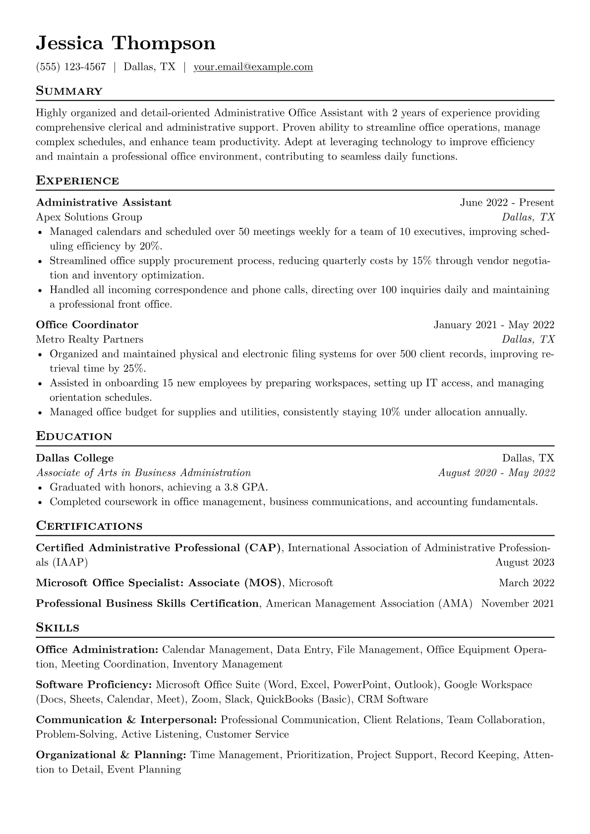 Administrative Office Assistant Resume Example CV template - Page 1