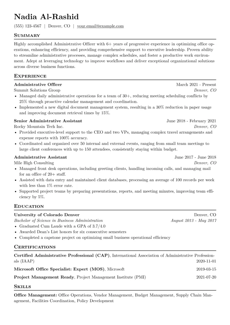 Administrative Officer Resume Example CV template preview