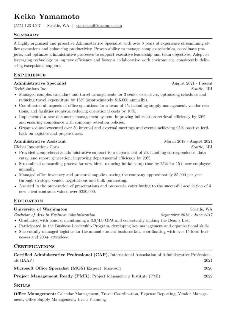 Administrative Specialist Resume Example
