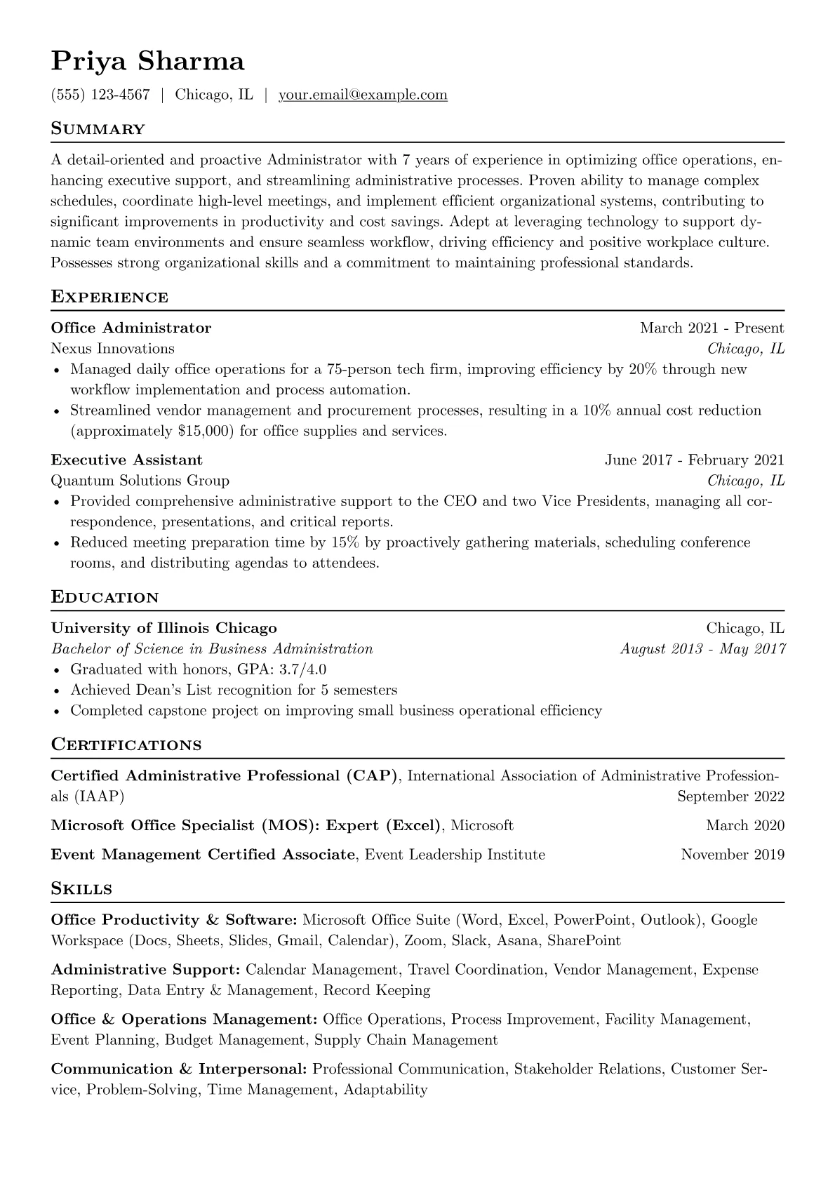 Administrator Resume Example CV template - Page 1