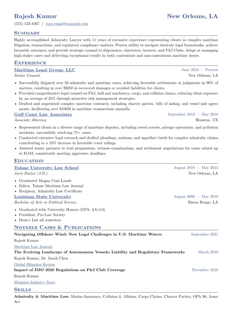 Admiralty Lawyer Resume Example CV template preview