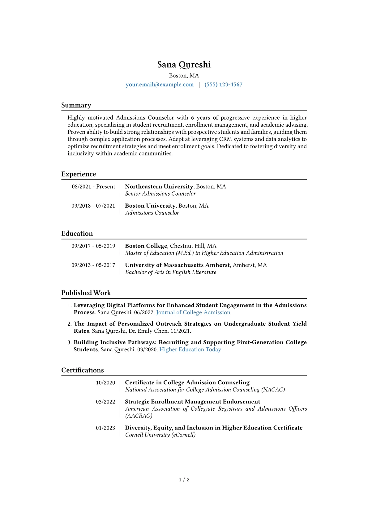 Admissions Counselor Resume Example CV template - Page 1