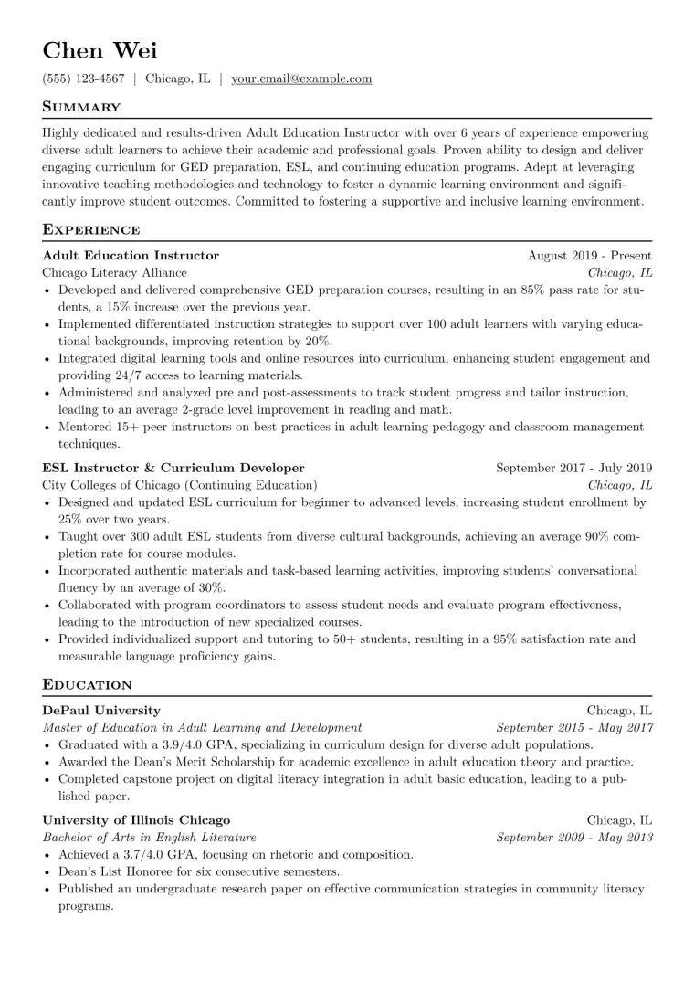 Adult Education Instructor Resume Example CV template preview