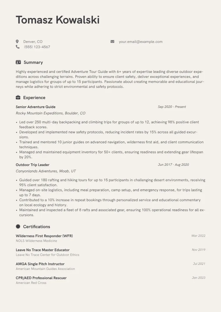 Adventure Tour Guide Resume Example CV template preview