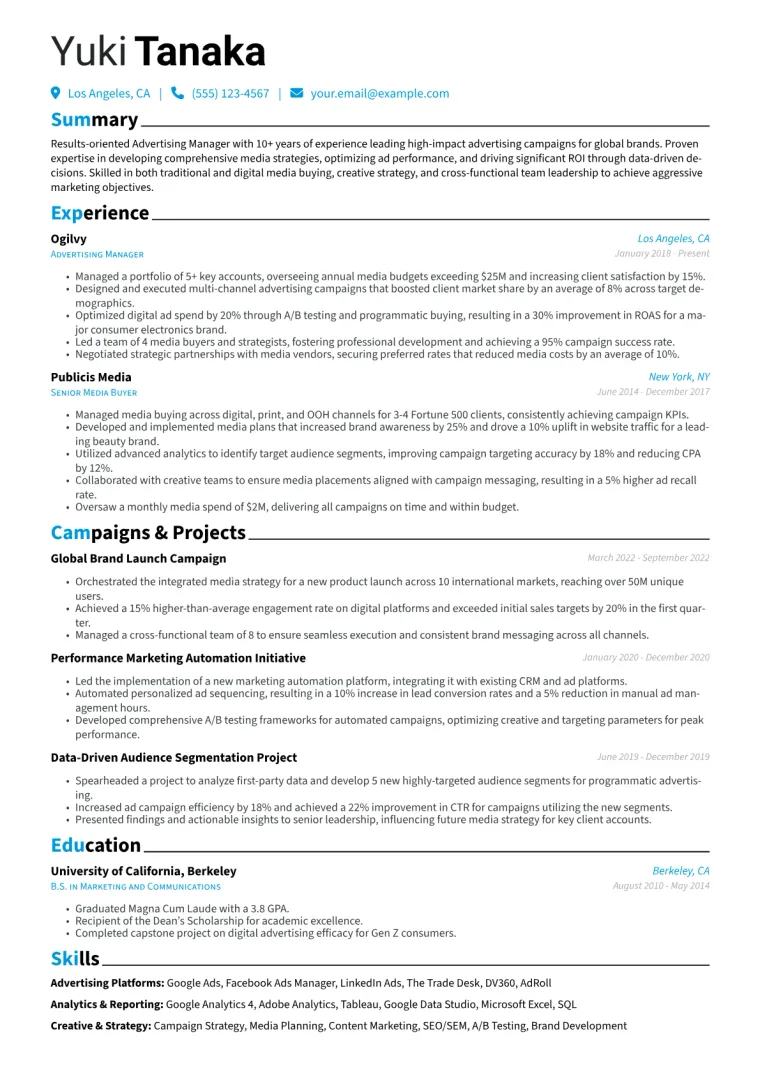 Advertising Manager Resume Example CV template preview