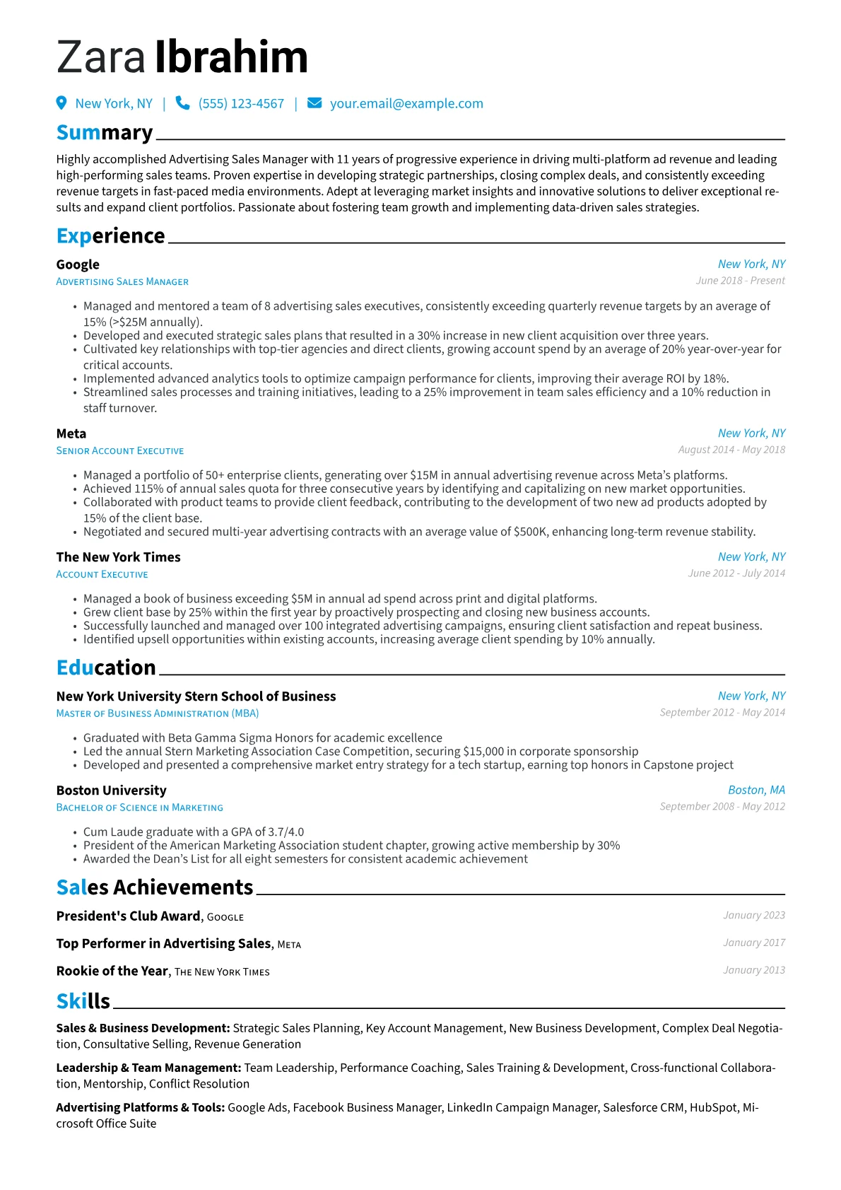 Advertising Sales Manager Resume Example CV template - Page 1