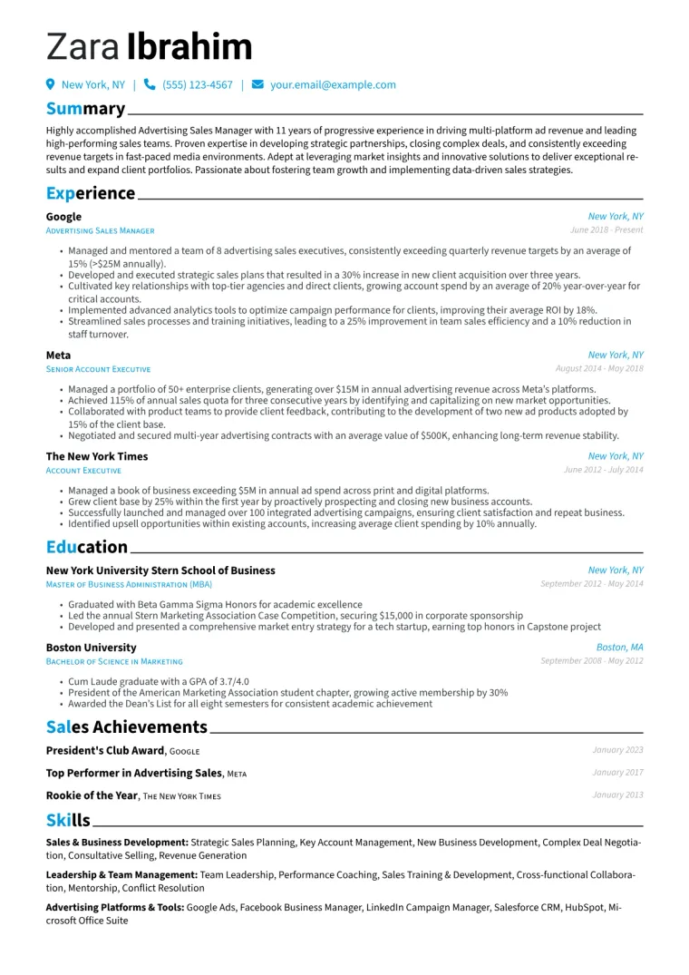 Advertising Sales Manager Resume Example CV template preview