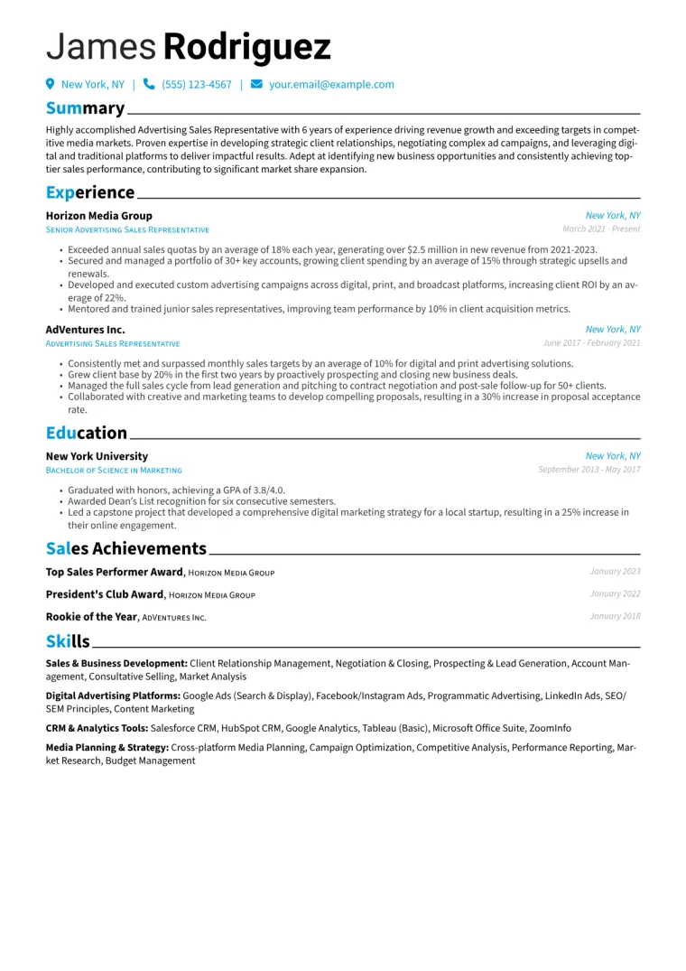 Advertising Sales Representative Resume Example CV template preview