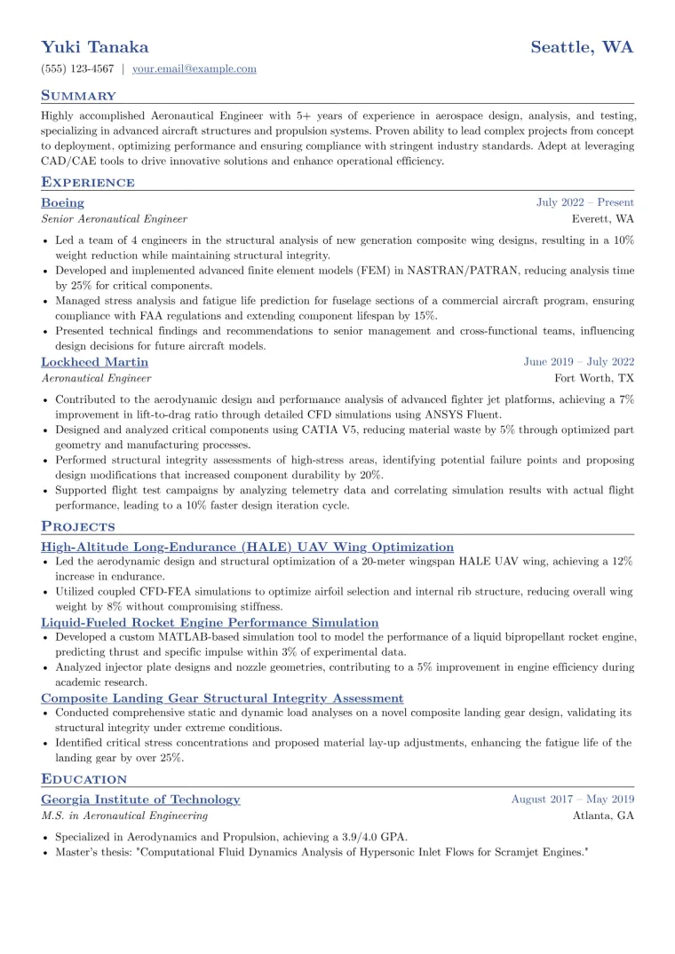 Aeronautical Engineer Resume Example CV template preview