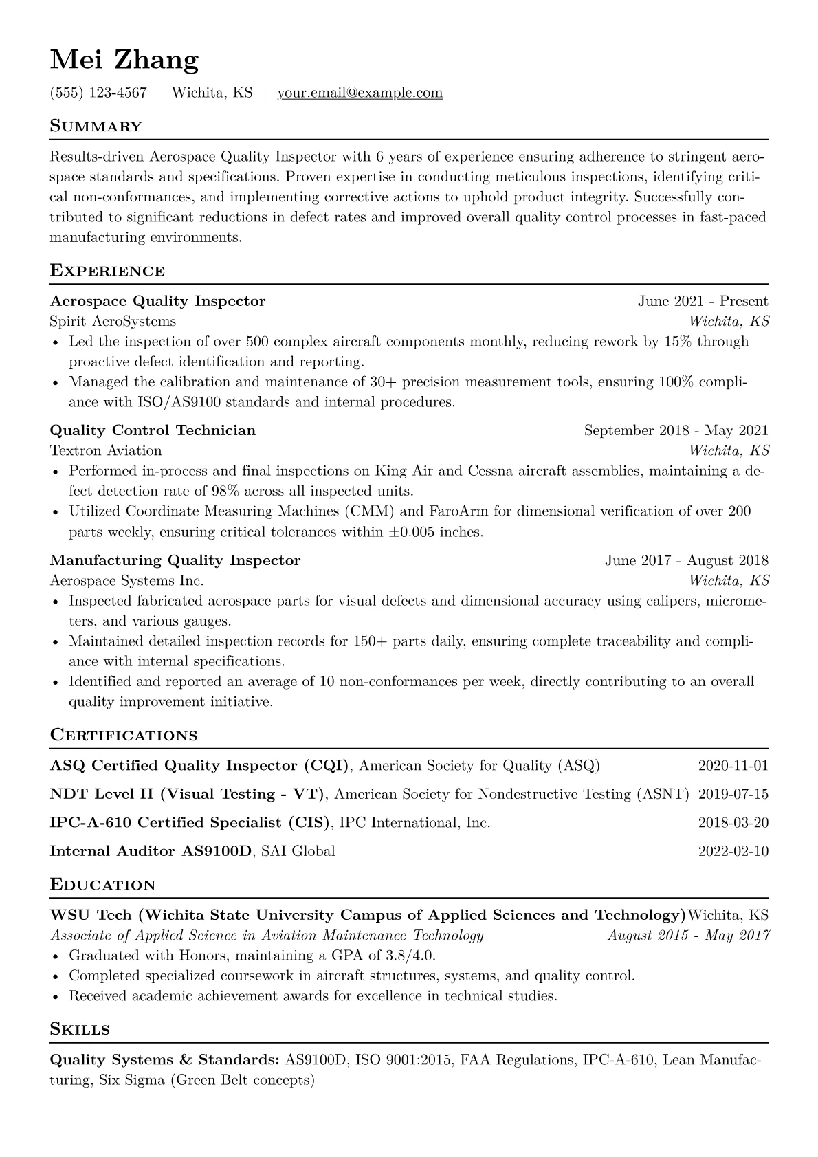 Aerospace Quality Inspector Resume Example CV template - Page 1