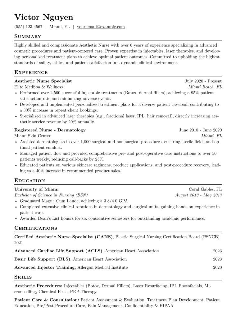 Aesthetic Nurse Resume Example CV template preview
