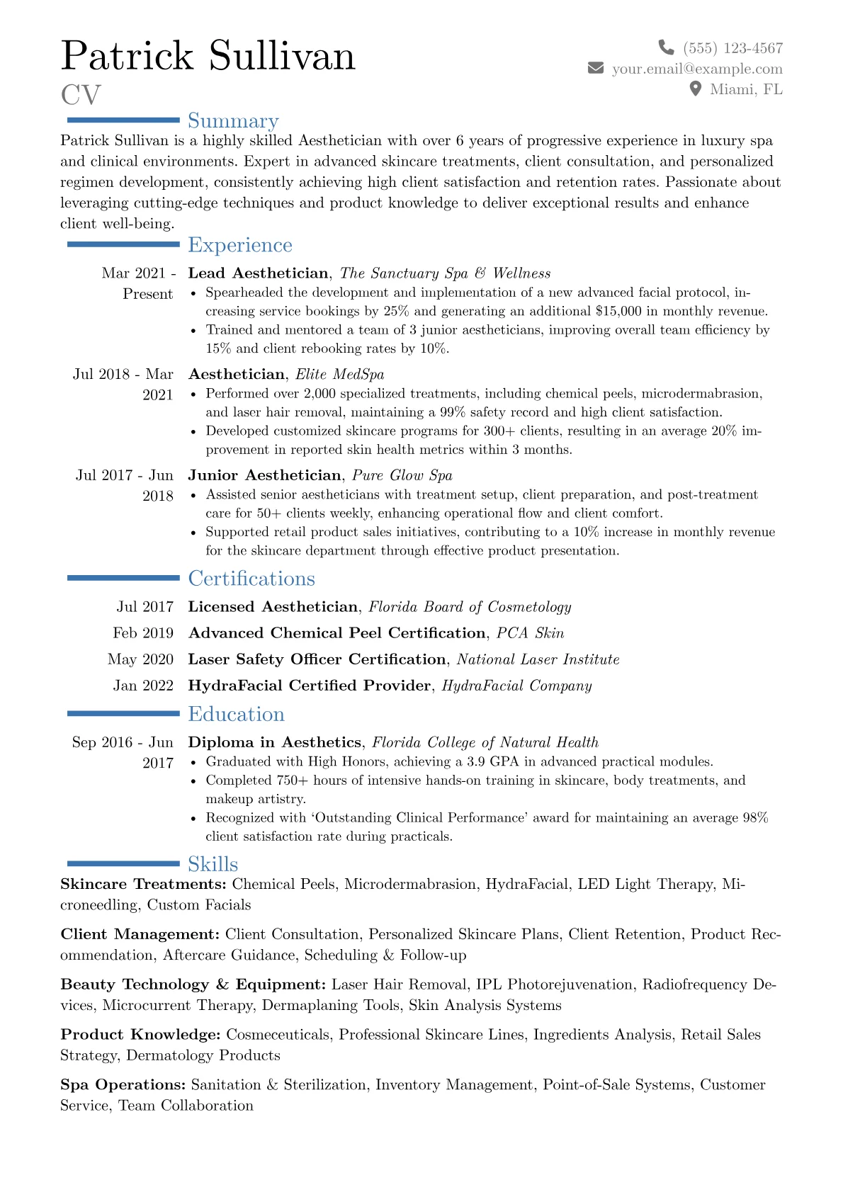 Aesthetician Resume Example CV template - Page 1