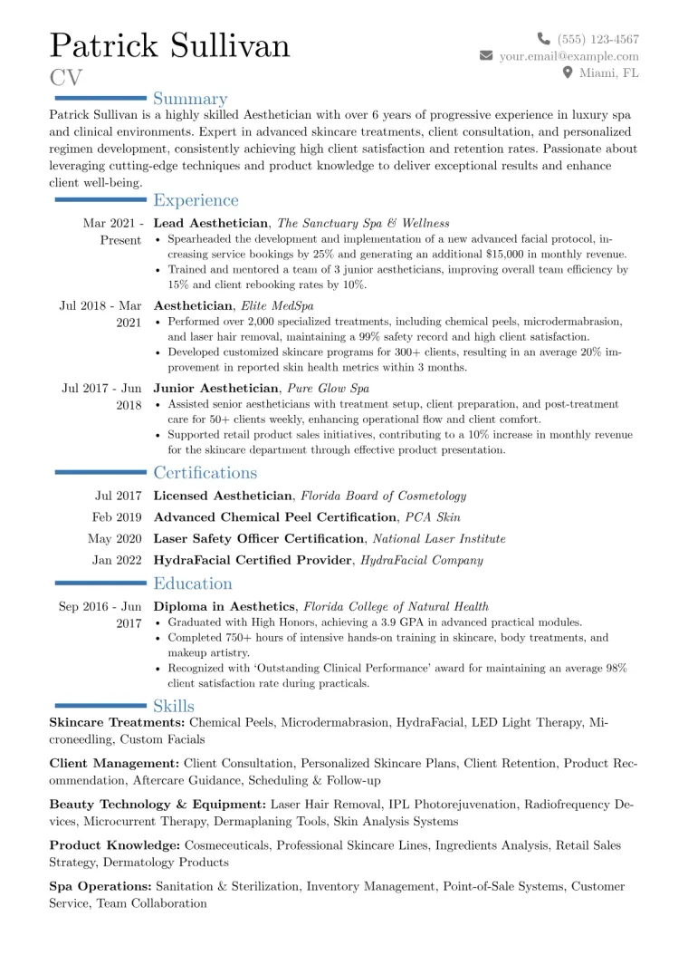 Aesthetician Resume Example CV template preview