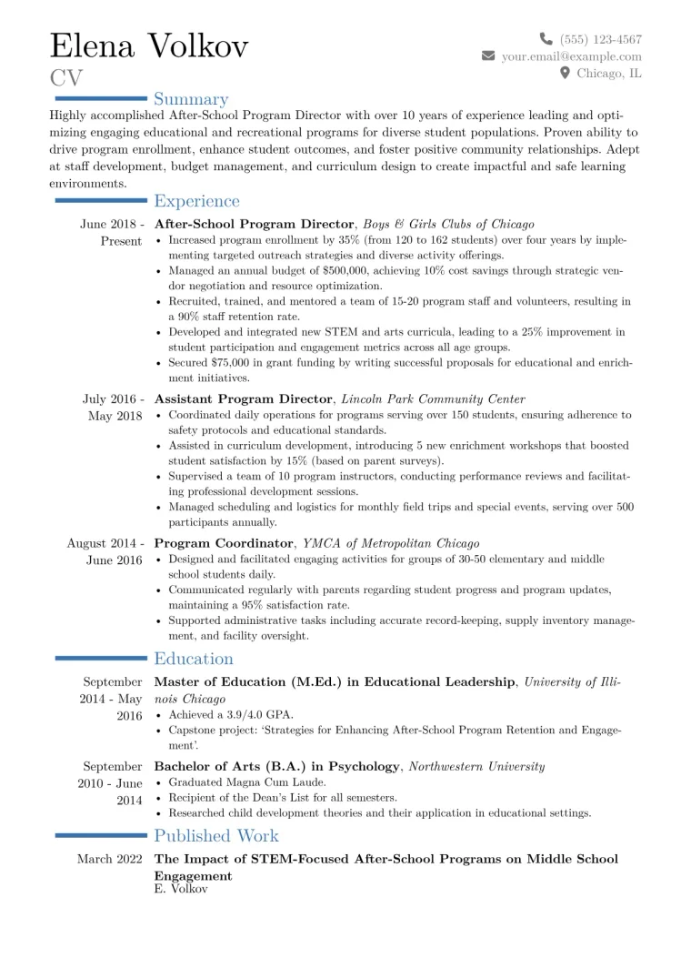 After-School Program Director Resume Example CV template preview