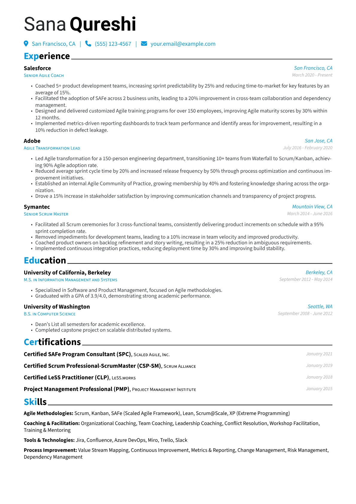 Agile Coach Resume Example CV template - Page 1