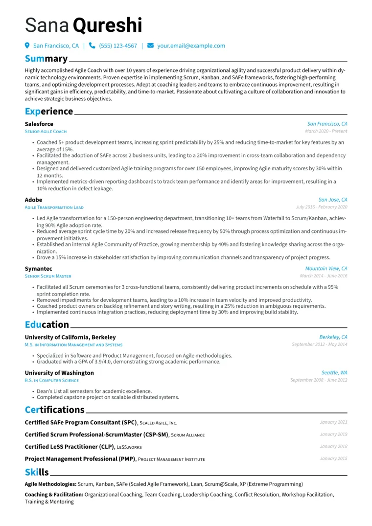 Agile Coach Resume Example CV template preview