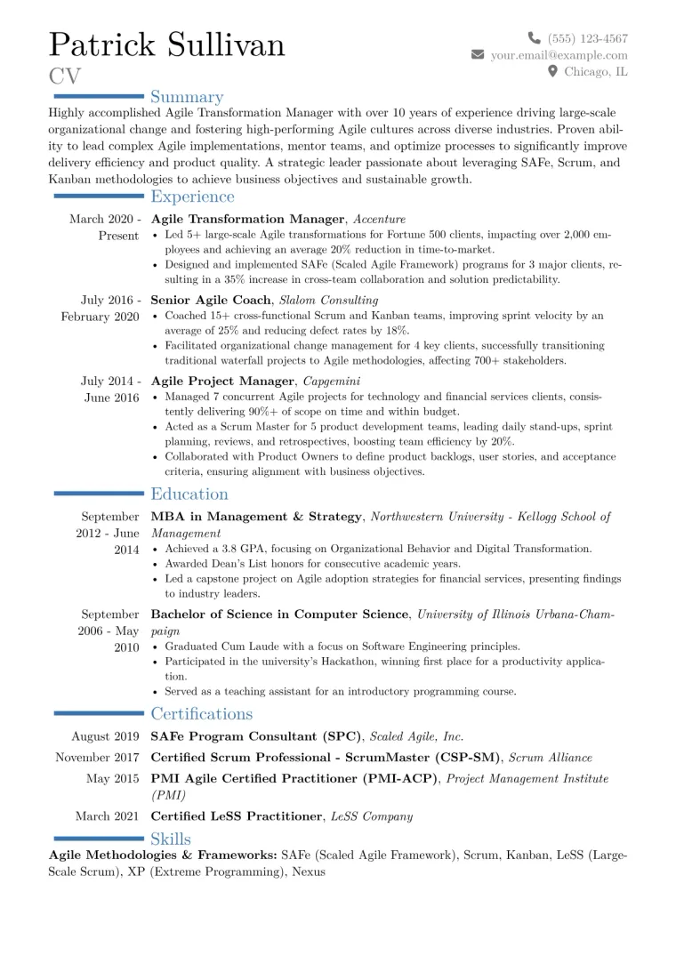 Agile Transformation Manager Resume Example CV template preview