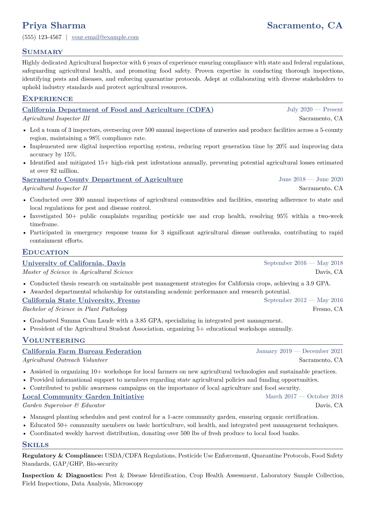 Agricultural Inspector Resume Example CV template - Page 1