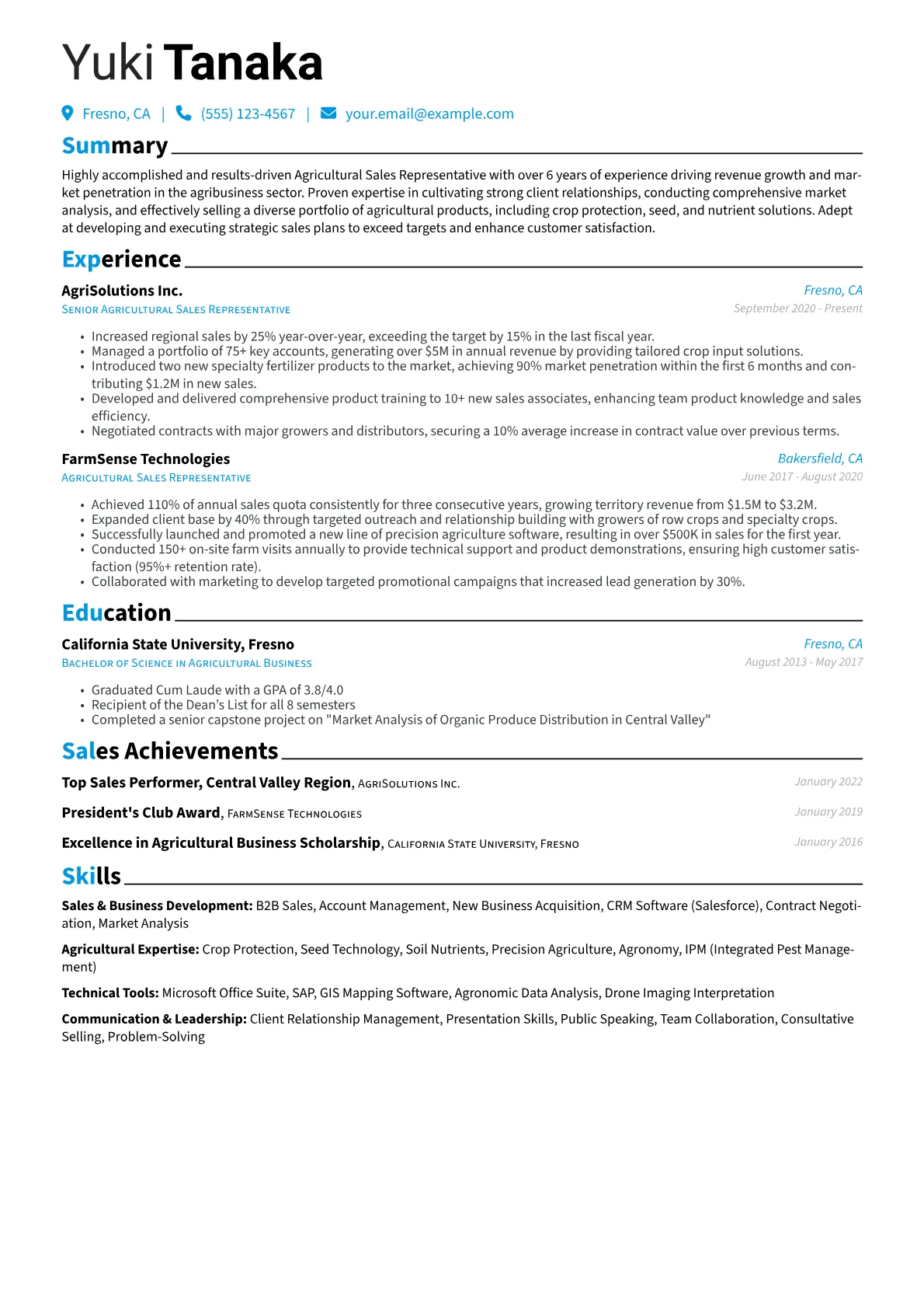 Agricultural Sales Representative Resume Example CV template - Page 1