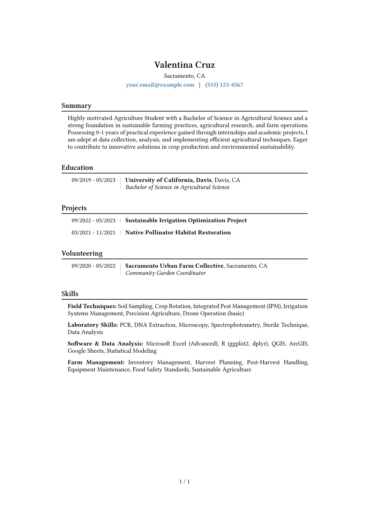 Agriculture Student Resume Example CV template - Page 1