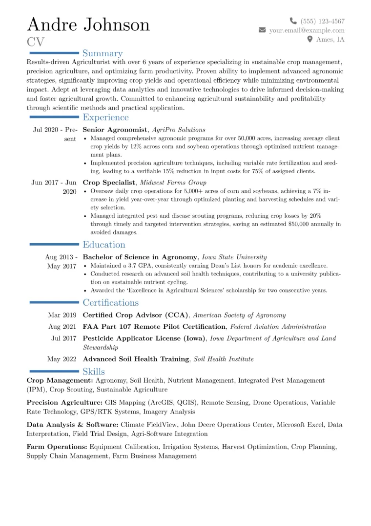 Agriculturist Resume Example CV template preview