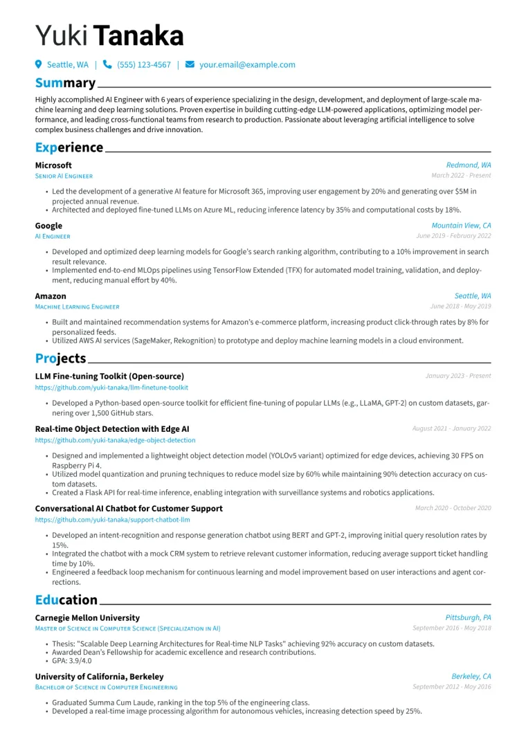 AI Engineer Resume Example CV template preview
