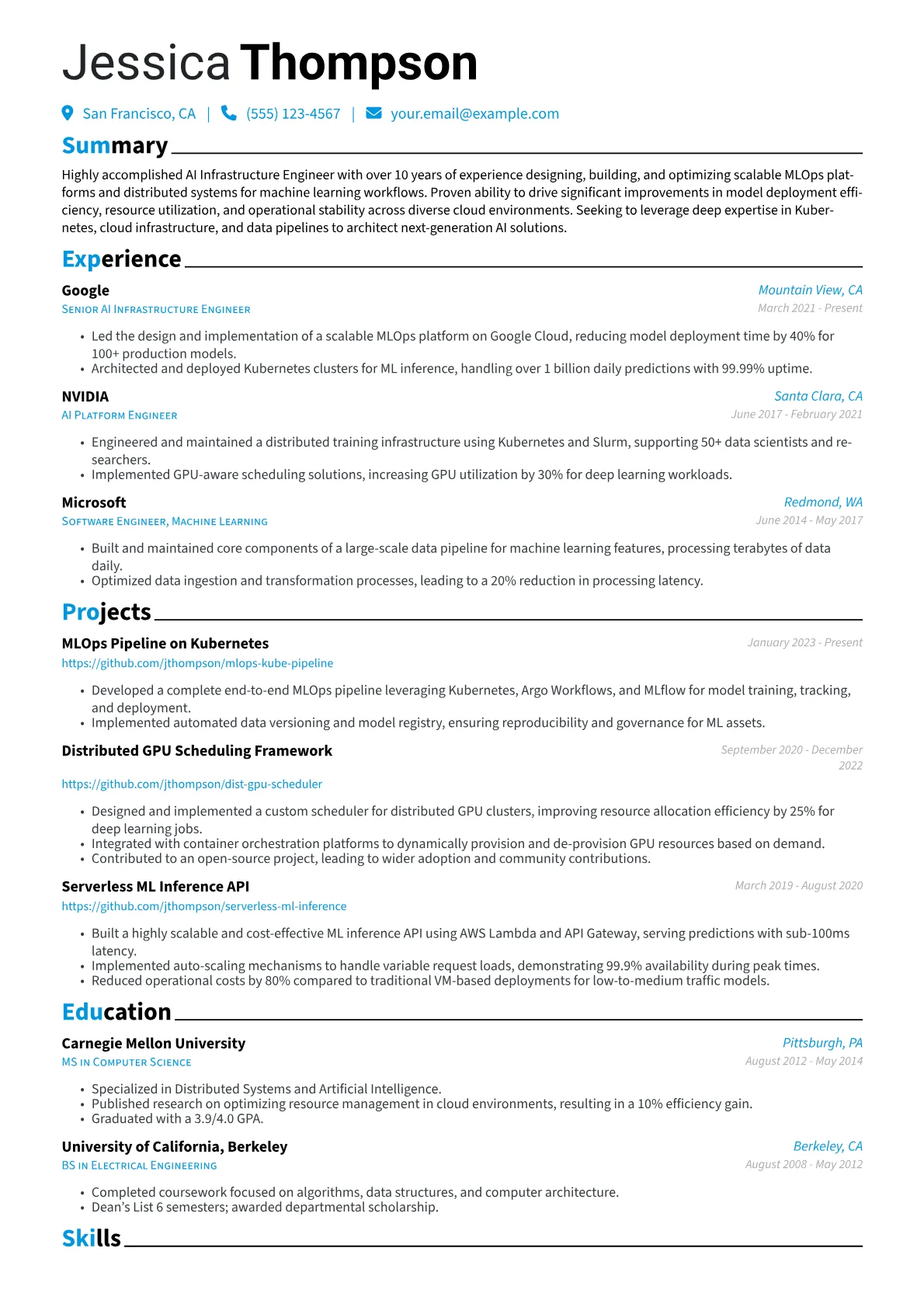 AI Infrastructure Engineer Resume Example CV template - Page 1