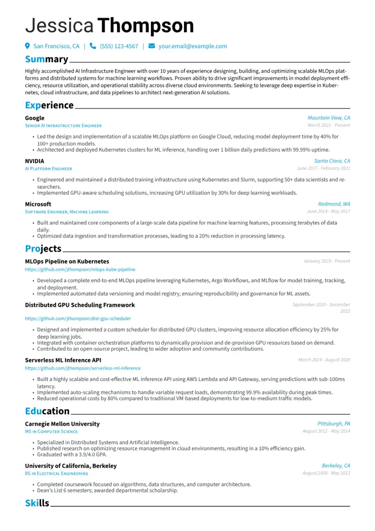 AI Infrastructure Engineer Resume Example CV template preview