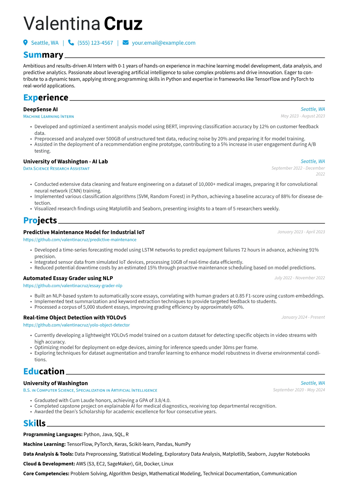 AI Intern Resume Example CV template - Page 1