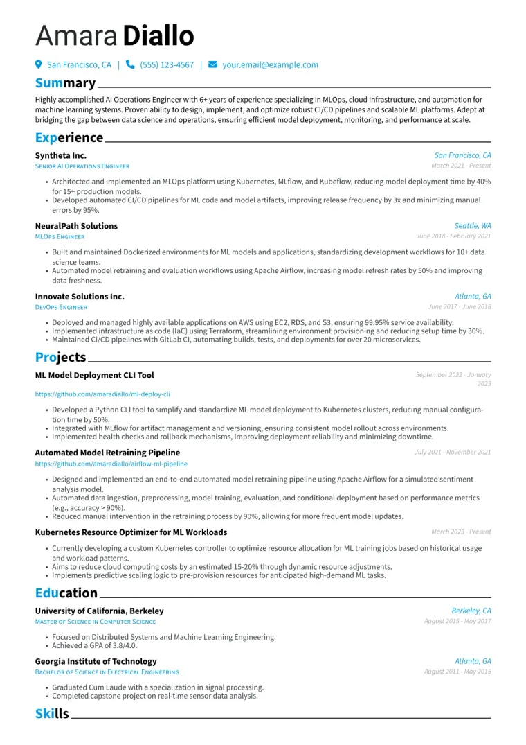 AI Operations Engineer Resume Example CV template preview