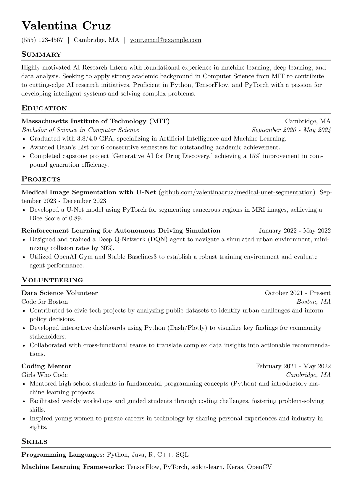 AI Research Intern Resume Example CV template - Page 1