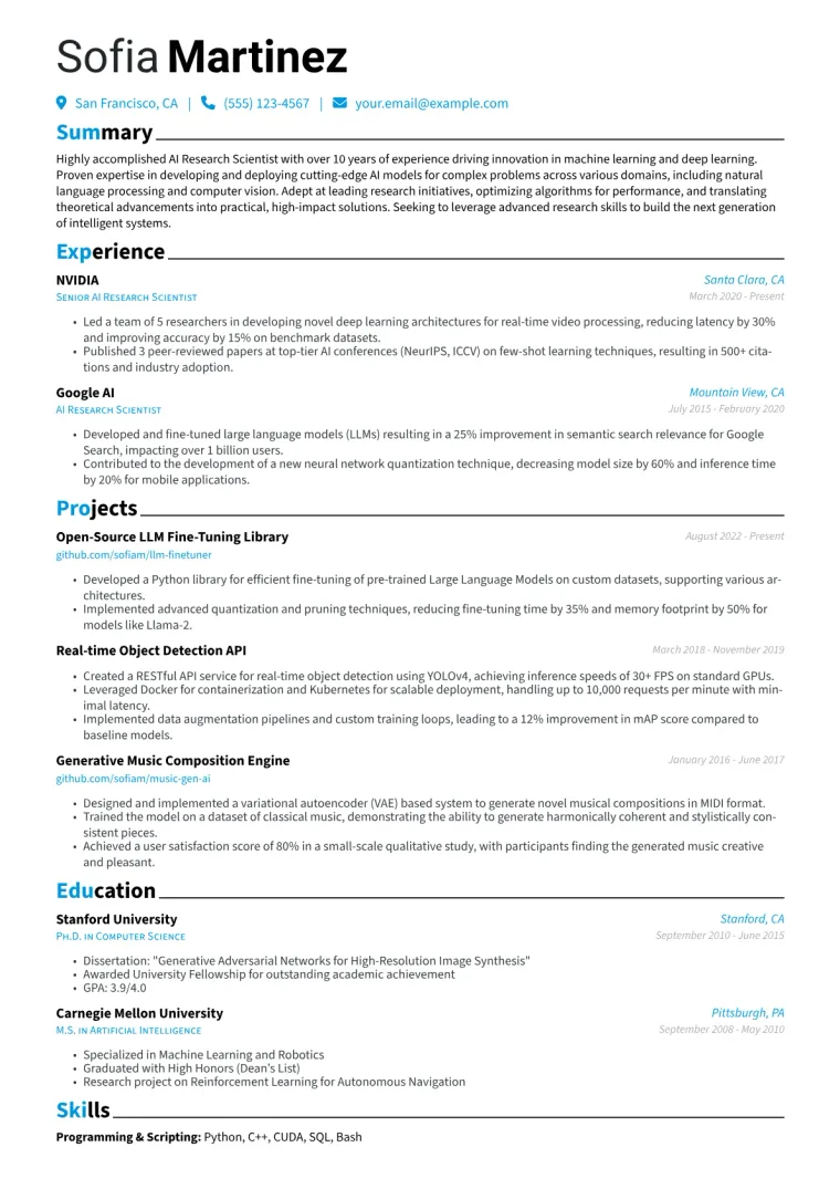 AI Research Scientist Resume Example CV template preview