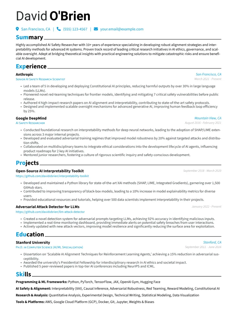 AI Safety Researcher Resume Example CV template preview