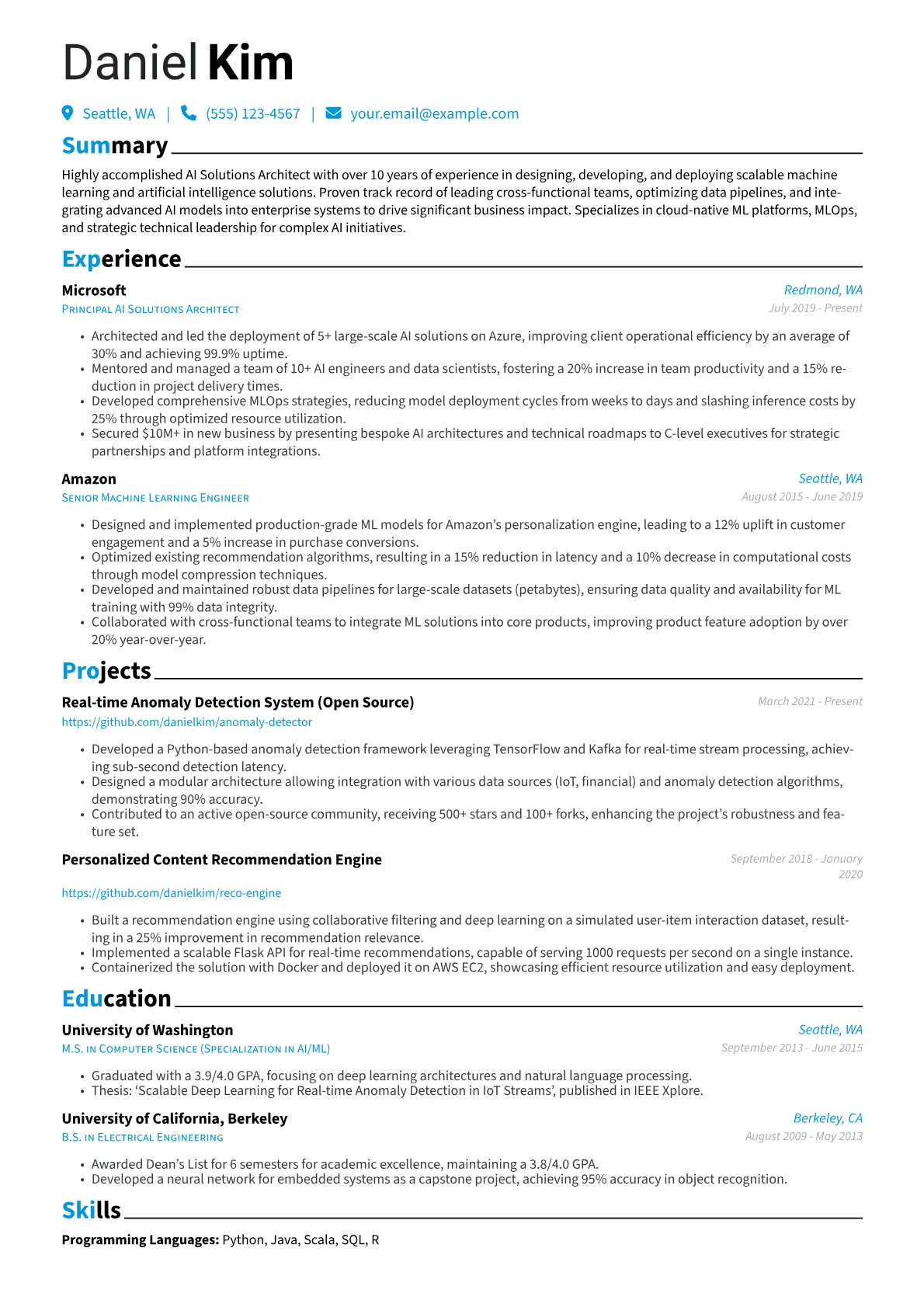 AI Solutions Architect Resume Example CV template - Page 1