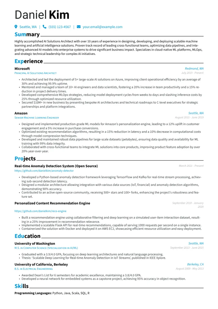 AI Solutions Architect Resume Example CV template preview