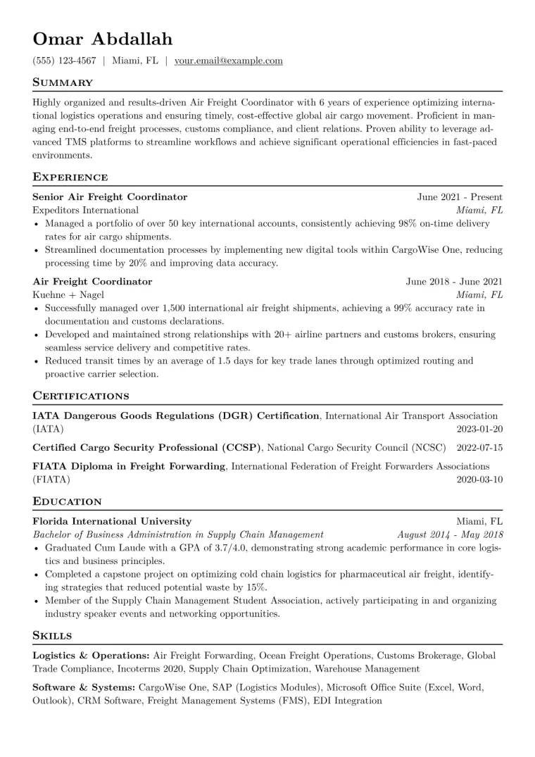 Air Freight Coordinator Resume Example CV template preview